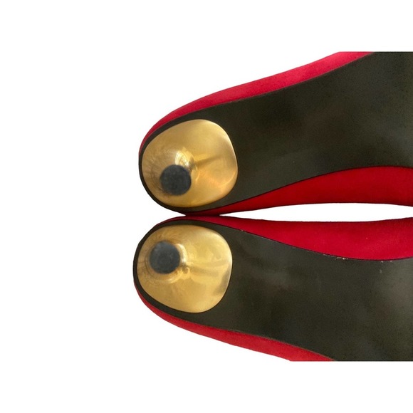 Vintage Stuart Weizmann Red Suede Gold Heel Dress Pumps - Size 7W - Picture 5 of 7